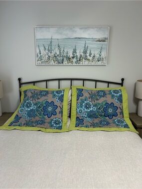 Set of two Square euro sham pillow covers.Floral Blue & Lime. 30 x 30 inches